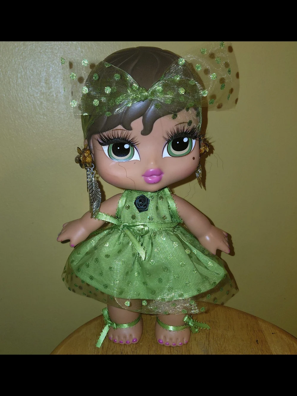 New Handmade Green Polka Dot Dress For Bratz Big Babyz Doll with Headband, 12